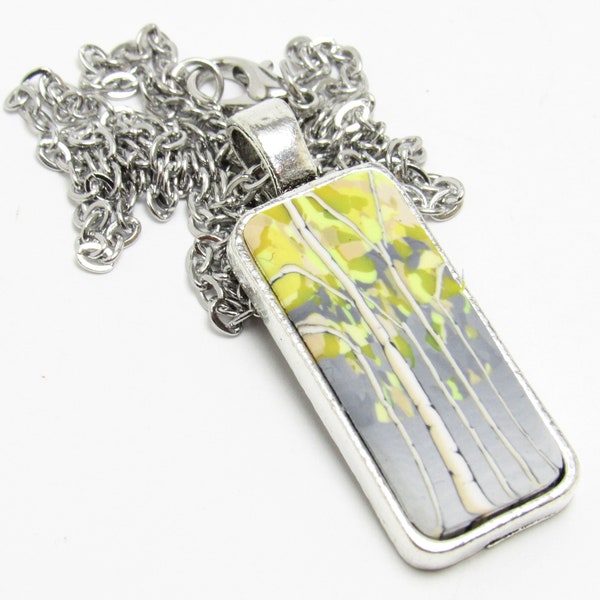 Aspen Tree Necklace, Rectangular Pendant, Yellow Gray, Polymer Clay Cane, Landscape Scene, Nature Art Jewelry, Unique Womens Gift, Birches
