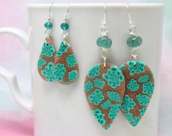 Succulent Dangle Earrings, Teal & Rose Gold Glitter, Polymer Clay, Nature Inspired, Plant Jewelry, Unique Women's Gift, Desert Themed