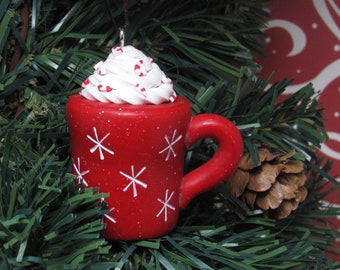 Seconds Sale - Coffee Cup Ornament, Peppermint Mocha, Red & White, Christmas Tree Decoration, Polymer Clay, Stocking Stuffer, Unique Gift