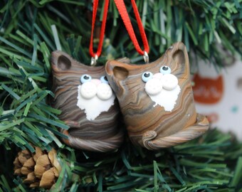 Brown & White Tabby Cat Christmas Tree Ornament Hand Sculpted in Polymer Clay