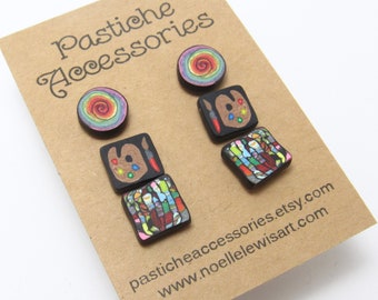 Artsy Stud Earrings, Abstract Post Set, Paint Palette, Black Rainbow, Polymer Clay, Unique Womens Gift, Artist Teacher Gift