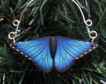 Mini Blue Morph Butterfly Ornament, Christmas Tree Decoration, Blue Black, Polymer Clay, Unique Womens Gift, Nature Inspired