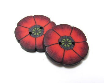 Handmade Poppy Buttons, Flower Buttons, Red Green Black, Polymer Clay Cane, Accent Button, Sewing Supply, Knit Crochet Supplies, Button Set