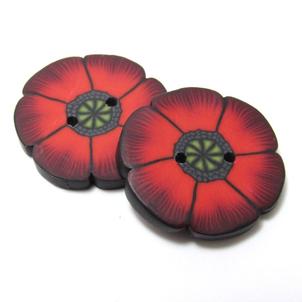 Handmade Poppy Buttons, Flower Buttons, Red Green Black, Polymer Clay Cane, Accent Button, Sewing Supply, Knit Crochet Supplies, Button Set
