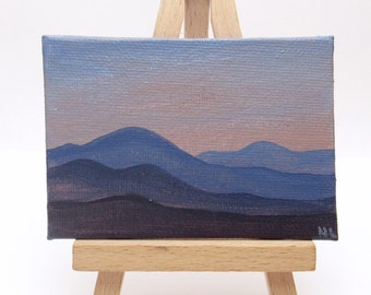 Mountain Sunset Mini Painting, Blue & Pink Asheville Landscape, North Carolina, Original Art, Acrylic Canvas, Miniature Decor
