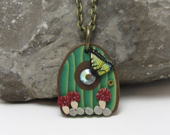 Fairy Door Pendant Necklace, Green Yellow Red, Mushroom Butterfly, Polymer Clay, Faerie Garden, Fantasy Jewelry, Nerd Gift, Handmade