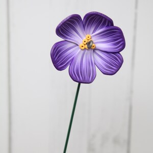 May include: A single, stylized purple flower with white-lined petals and a yellow center. The flower is mounted on a thin, green stem. The background is a white, vertical-slatted surface, creating a clean and simple aesthetic.