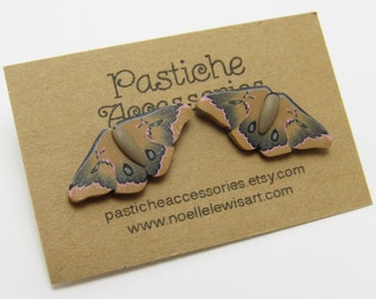 Polyphemus Moth Studs, Bug Post Earrings, Brown Black Pink, Polymer Clay, Nature Jewelry, Unique Women Gift, Insect Lover Gift, Entomologist