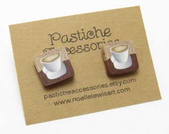 Coffee Cup Stud Earrings, Brown & White, Polymer Clay Cane, Cafe Scene, Unique Jewelry, Women's Gift