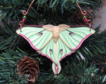 Luna Moth Ornament, Christmas Tree Decoration, Green Pink Beige, Polymer Clay, Unique Womens Gift, Nature Inspired, Entomologist Gift