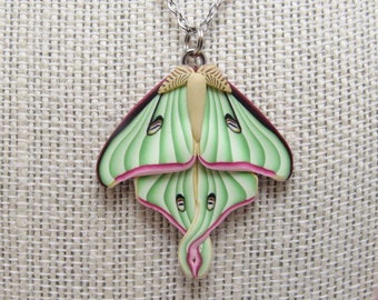 Luna Moth Pendant Necklace, Green Purple Beige, Polymer Clay, Realistic Nature Jewelry, Unique Womens Gift, Bug Lover Gift