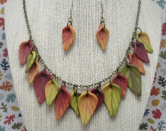 Fall Leaf Statement Necklace, Red Orange Yellow Green Brown, Polymer Clay, Bronze Nature Jewelry, Autumn Leaves, Unique Gift, Earring Set