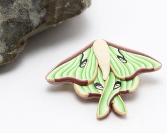 Luna Moth Brooch, Green Bronze Beige, Polymer Clay, Nature Inspired, Wildlife Jewelry, Hat Pin, Spring Accessory, Unique Womens Gift