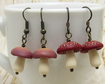 Mushroom Dangle Earrings, Spotted Red Beige, Polymer Clay, Nature Jewelry, Woodland Inspired, Women Gift, Autumn Fall Jewelry