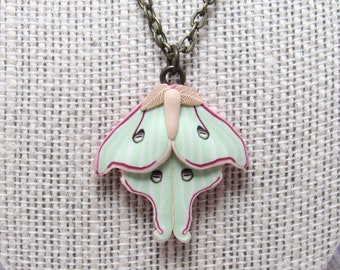 Light Luna Moth Pendant Necklace, Green Purple Beige, Polymer Clay, Realistic Nature Jewelry, Unique Womens Gift, Bug Lover Gift