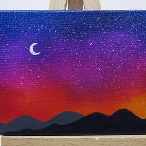 Starry Mountain Sunset, Miniature Painting, Mini Canvas Landscape, Alcohol Ink, Acrylic Painting, Blue Purple Red, Night Sky Scene, ACEO image 1