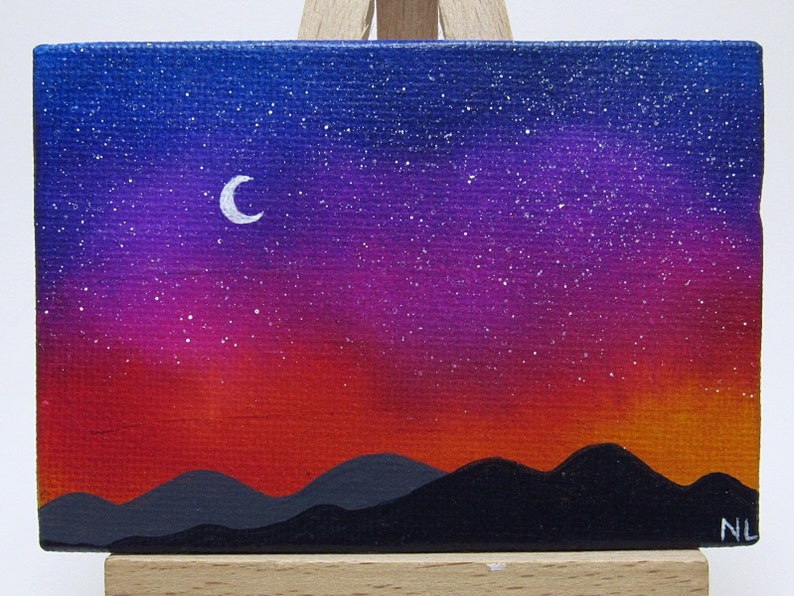Starry Mountain Sunset, Miniature Painting, Mini Canvas Landscape, Alcohol Ink, Acrylic Painting, Blue Purple Red, Night Sky Scene, ACEO image 1