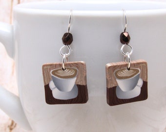 Cafe Dangle Earrings, Coffee Cup Scene, Latte Art, Brown & White, Polymer Clay Cane, Unique Womens Gift, Caffeine Lover Gift, Food Jewelry