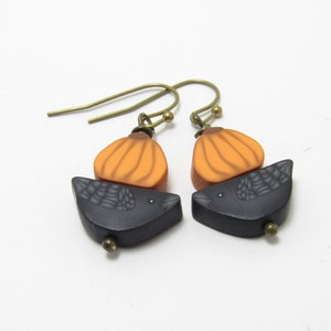 Pumpkin Crow Dangle Earrings, Orange & Black, Autumn Fall Jewelry, Polymer Clay Cane, Unique Womens Gift, Lightweight Earrings image 2