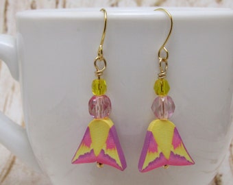 Beaded Rosy Maple Moth Dangle Earrings, Pink Yellow Bronze, Polymer Clay, Nature Jewelry, Unique Women's Gift, Bug Lover Gift, Entomologist