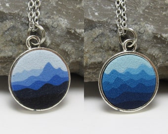 Clearance - Blue Mountain Pendant Necklace, Landscape Scene, Polymer Clay, Art Jewelry, Unique Women's Gift, Blue Ridge, Teal Ocean Waves