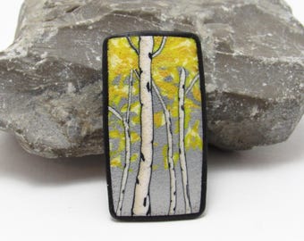 Aspen Tree Brooch, Birch Tree Pin, Landscape Scene, Gray & Yellow, Polymer Clay Cane, Nature Art Jewelry, Unique Women's Gift, Colorado