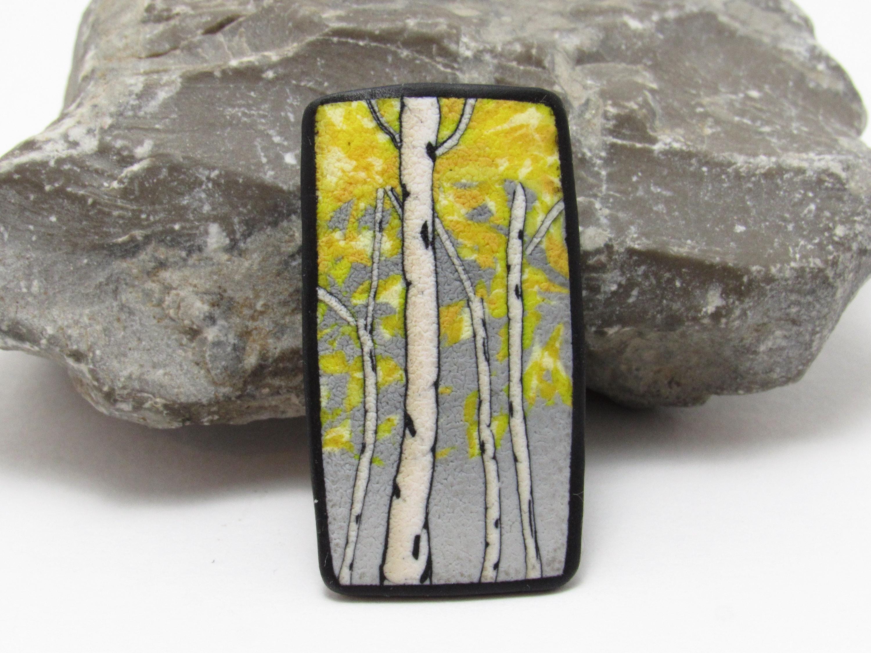 Aspen Tree Brooch, Birch Tree Pin, Landscape Scene, Gray & Yellow, Polymer Clay Cane, Nature Art Jewelry, Unique Women's Gift, Colorado