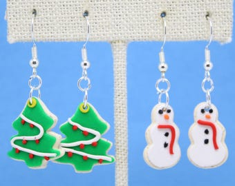 Christmas Cookie Dangle Earrings, Tree or Snowman, Green White Polymer Clay, Holiday Jewelry, Unique Womens Gift, Baker Stocking Stuffer