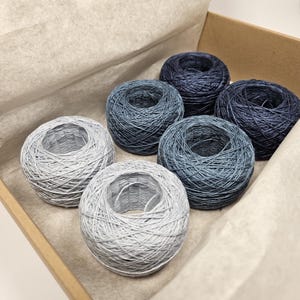 Linen yarn balls, flax lace weight yarns, natural blend for knitting and crocheting, craft project box of 300g in blue shades, 50g cakes