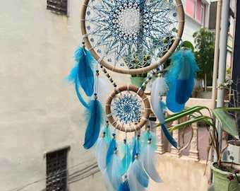 Handmade Bohemian Dreamcatcher – Blue Feather Wall Art, Nursery Decor