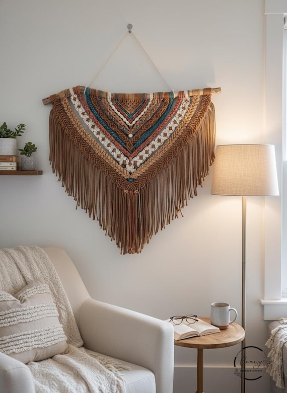 A large-format 31x31" square macrame with a Scandinavian-meets-boho aesthetic — the geometric scale and neutral palette make it feel like gallery wall art, not craft fair filler.