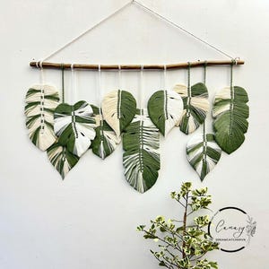 Cream Green Cotton Macrame Monstera Leaves, Boho Wall Hanging, Handmade Bedroom Decor, boho macrame wall decor for bedroom, monstera leaf