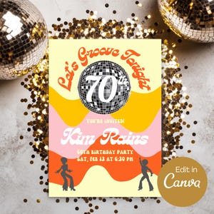 Modelo de convite de aniversário retrô editável, cartão de convite de aniversário com tema digital dos anos 70, modelo Canva personalizável