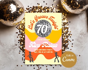 Plantilla de invitación de cumpleaños retro editable, tarjeta digital de invitación de cumpleaños con temática de los 70, plantilla personalizable de Canva