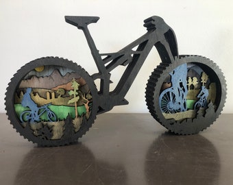 3D Stained Wood Mountain Bike scene with Mountain, Trees and Bikers nested in a Multi Layered Wood Art - Can be Customized /Personalized