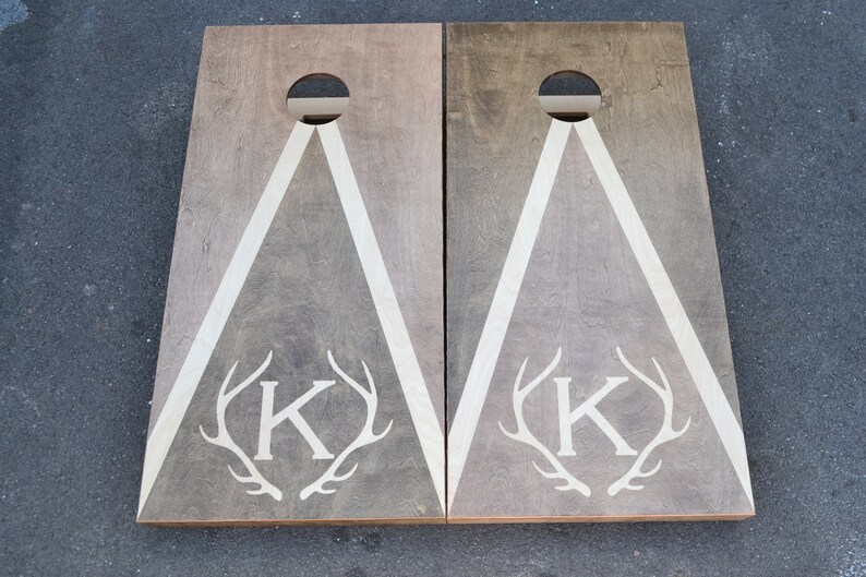 Stained Antler Monogram Cornhole Boards w Bags Lawn Games Corn Toss Wedding Non Painted Personalized Company Logo