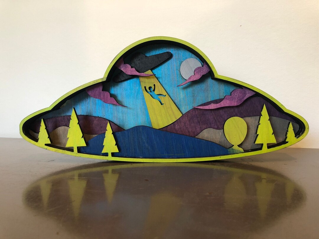 3D Stained Wood UFO Alien Abduction Scene With Spaceship Nested in a ...