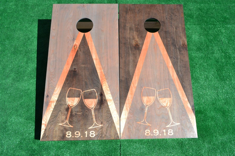 Wine Glasses Cheers Wedding Custom Stained Cornhole Boards Set wbags Baggo Lawn Games  Corn Toss WeddingPersonalized corn hole board