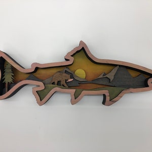 3D Stained Trout Fish scene with Bear and Nature scene nested in a Multi Layered Wood Art - Can be Customized /Personalized