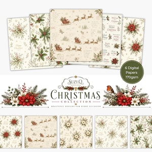 May include: A collection of digital papers featuring Christmas themes including Santa in a sleigh with reindeer, holly, poinsettias, and festive text. The set includes 6 digital papers at 170gsm, displayed with floral arrangements and the text Suzy Q Christmas Collection.