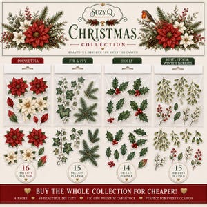 Christmas Die Cuts Collection – Poinsettia Holly Mistletoe Winter Berries Fir & Ivy – Festive Card Making Embellishments