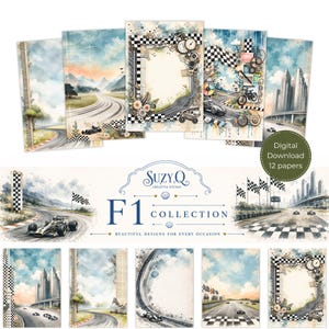 May include: A collection of twelve digital papers featuring Formula 1 racing themes, including watercolor illustrations of race tracks, checkered flags, city skylines, and mechanical gears. The text reads Suzy Q Creative Studio F1 Collection.