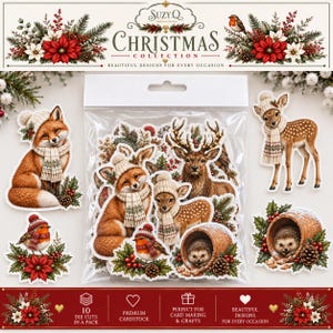 May include: A clear plastic bag containing 10 Christmas-themed die-cut cardstock pieces featuring illustrations of a fox, deer, hedgehog, and robin wearing winter hats and scarves, surrounded by pine branches, poinsettias, and pinecones.
