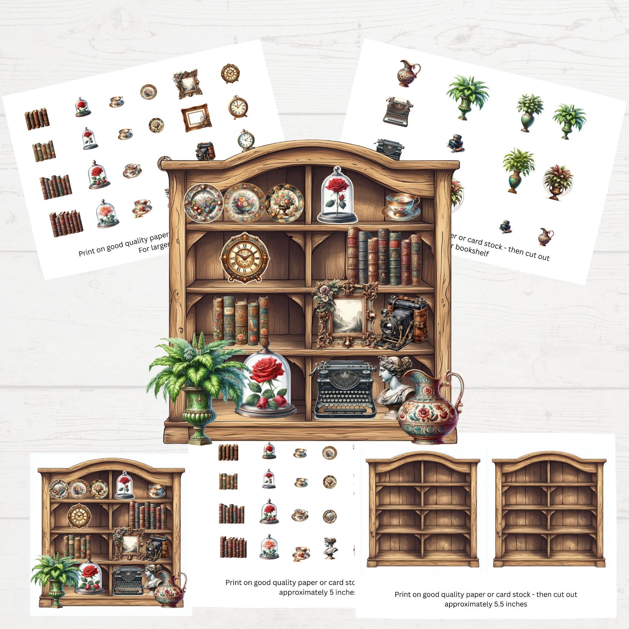 Printable Bookcase Junk Journal Element | Vintage Library Shelf ...