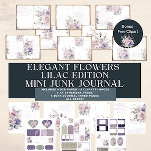 Elegante minikit de diario basura de color lila, kit de papeles con flores de color lila, efímeras de flores de color lila, kit para hacer tarjetas, kits de manualidades para álbumes de recortes.