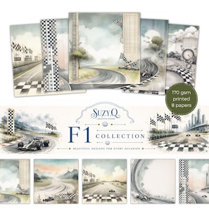 May include: A collection of 8 printed papers featuring Formula 1 racing themes, including race tracks, checkered flags, and racing cars. The set is labeled 170 gsm and includes the text SuzyQ Creative Studio F1 Collection on the packaging.