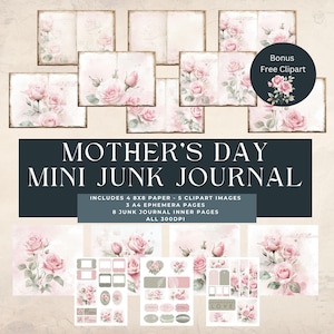 Minikit voor junkjournal roze rozen | Junkdagboekkit roze rozen | digitale documenten | Tijdelijke rozen met mama-thema | kit voor het maken van kaarten | plakboek
