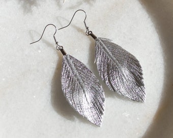 Leather Feather Earrings, Silver Feather Earrings, Boho Statement Earrings, Metallic Silver Leather,