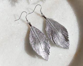 Leather Feather Earrings, Silver Feather Earrings, Boho Statement Earrings, Metallic Silver Leather,