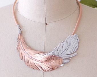 Rose Gold Feather Necklace, Boho Fringe Necklace in Rose Gold and Silver Leather, Rose Gold Jewelry, Wedding Jewelry, Bib Collar Necklace,